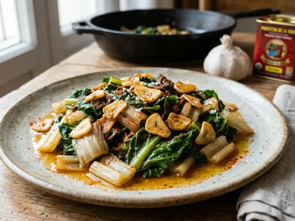 Plato de acelgas rehogadas con láminas de ajo dorado y pimentón