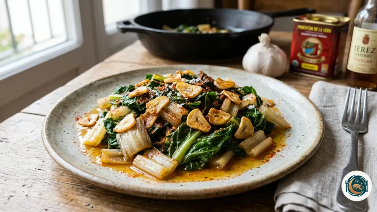 Plato de acelgas rehogadas con láminas de ajo dorado y pimentón