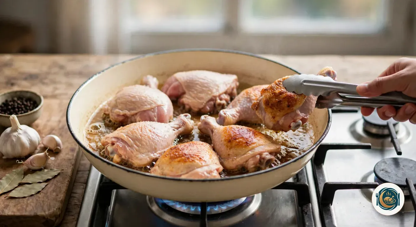 Muslos de pollo dorándose por la piel en una cazuela blanca