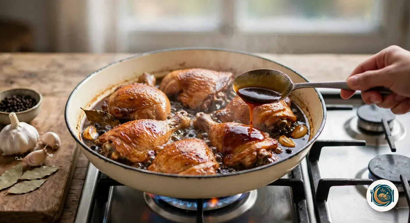 Cuchara regando el pollo con la salsa oscura y brillante del adobo