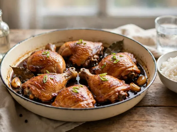 Adobo filipino de pollo glaseado en una cazuela, con ajos, laurel y arroz