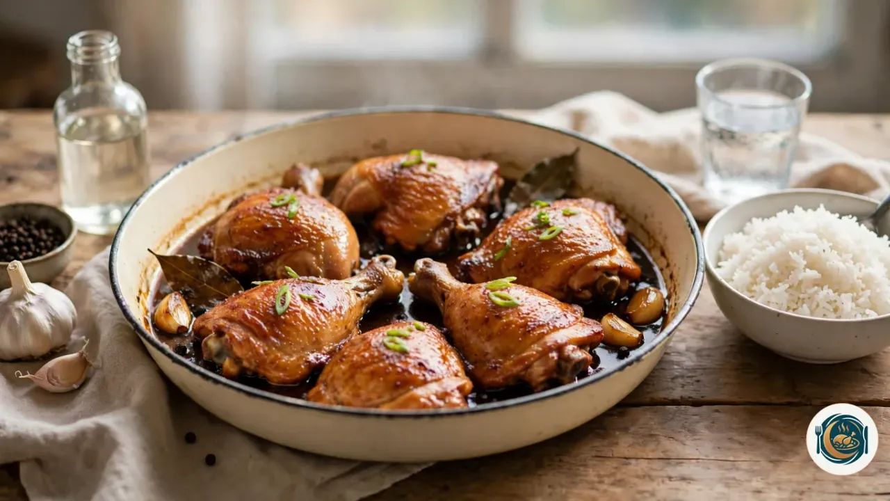Adobo filipino de pollo glaseado en una cazuela, con ajos, laurel y arroz