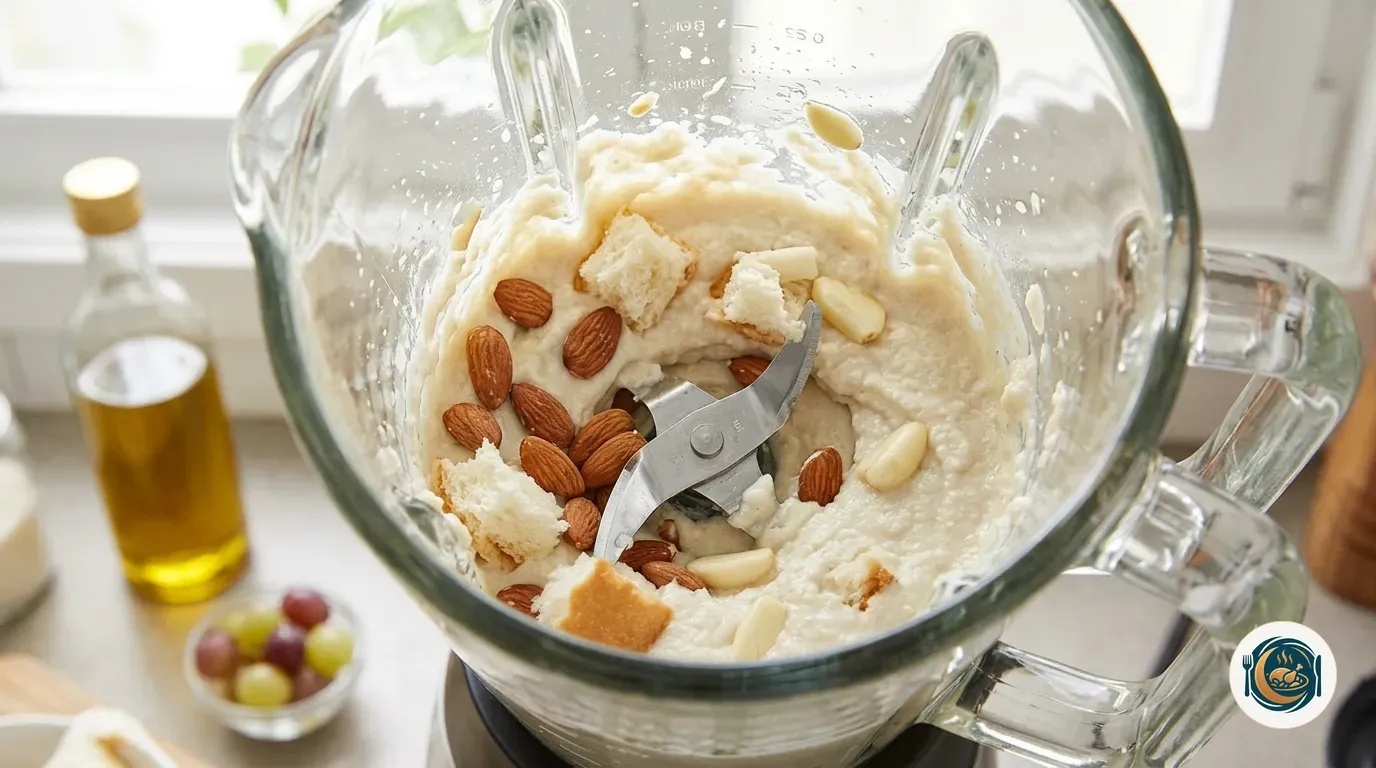 Batidora triturando las almendras con el pan y el ajo para el ajoblanco