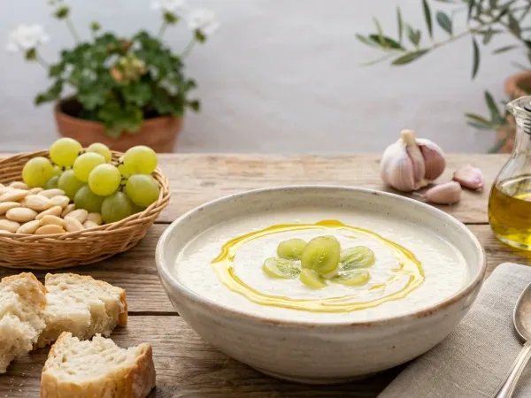 Cuenco de ajoblanco malagueño con uvas partidas y un hilo de aceite de oliva