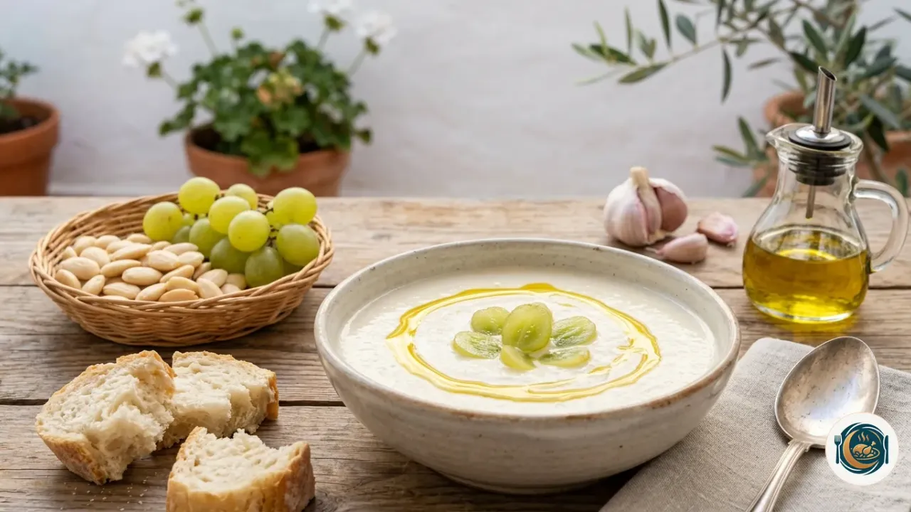 Cuenco de ajoblanco malagueño con uvas partidas y un hilo de aceite de oliva