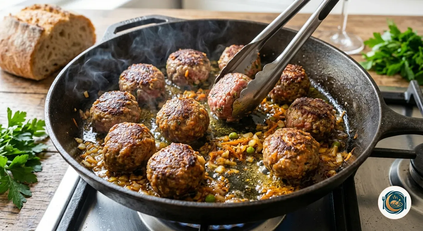 Albóndigas en salsa dorándose en una sartén