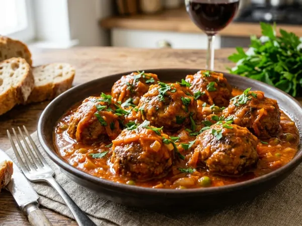 Plato de albóndigas en salsa de tomate con guisantes y pan al lado