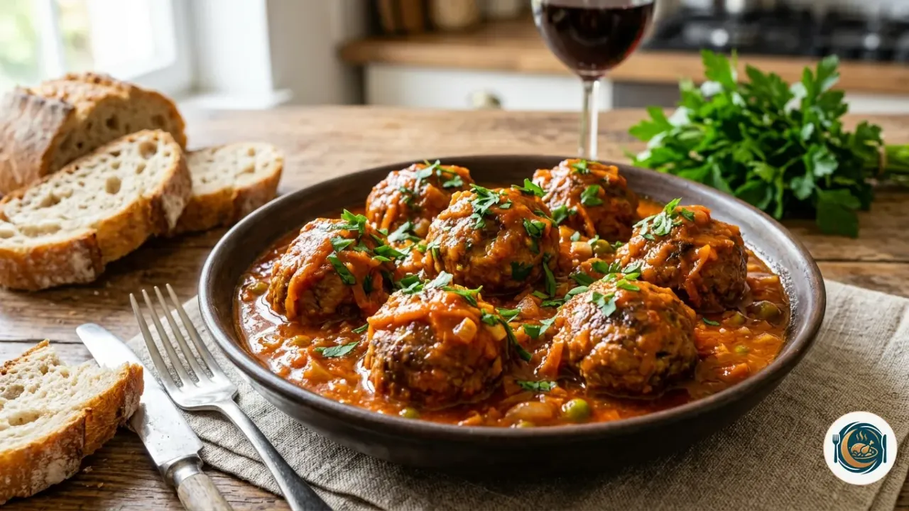 Plato de albóndigas en salsa de tomate con guisantes y pan al lado