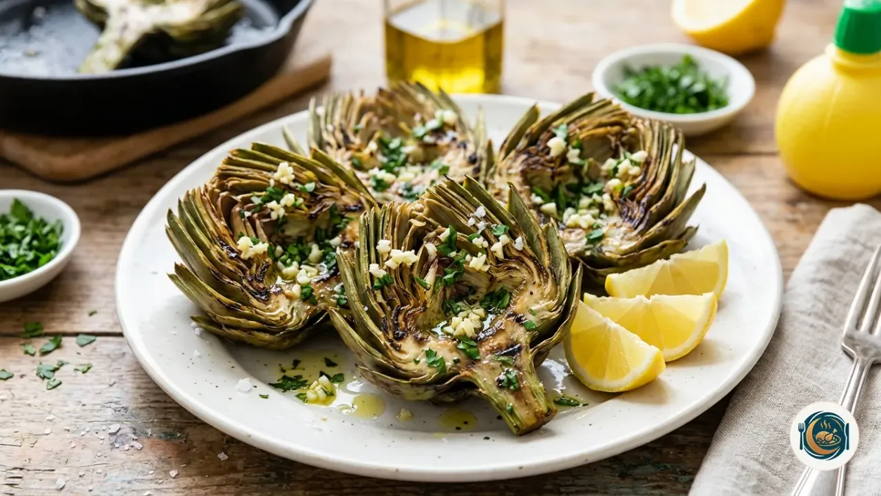 Alcachofas a la plancha doradas con ajo y perejil en un plato blanco