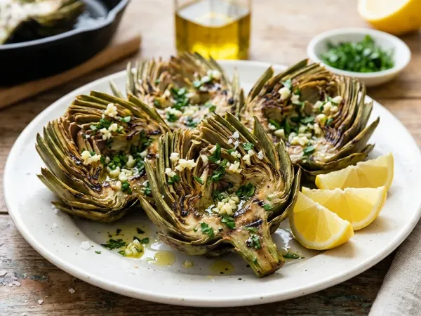 Alcachofas a la plancha doradas con ajo y perejil en un plato blanco