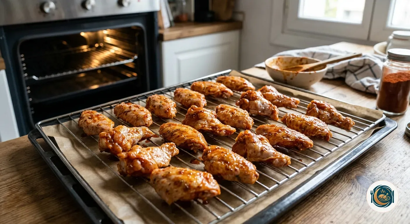 Alitas de pollo adobadas con pimentón sobre una rejilla de horno antes de hornear