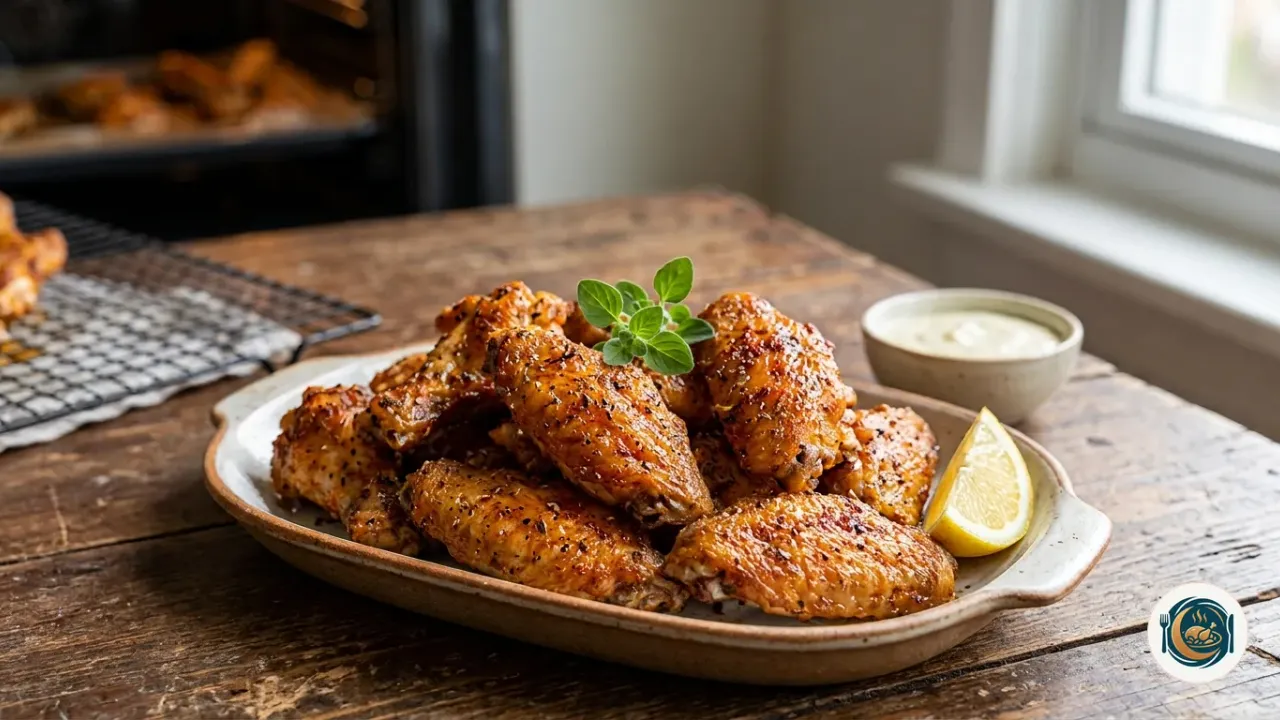 Alitas de pollo al horno crujientes con pimentón servidas en una fuente rústica