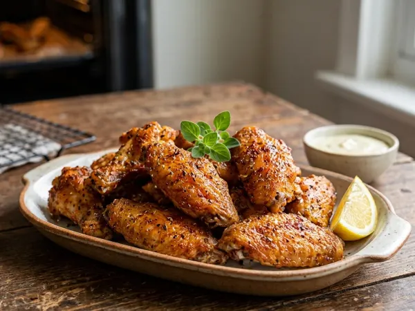 Alitas de pollo al horno crujientes con pimentón servidas en una fuente rústica