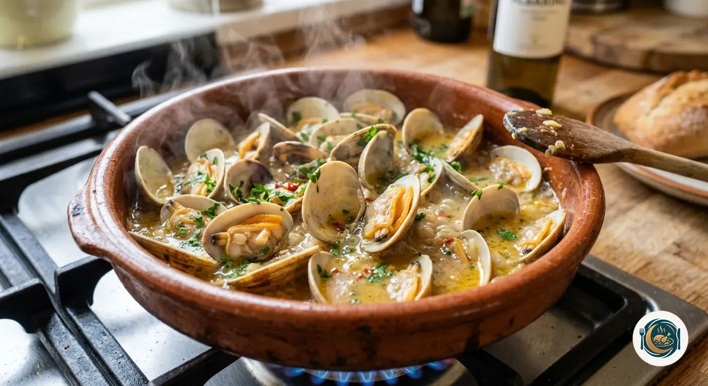 Almejas a la marinera abriéndose en una cazuela con salsa de vino blanco
