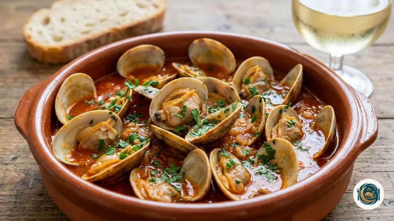Cazuela de almejas a la marinera abiertas en salsa roja con perejil