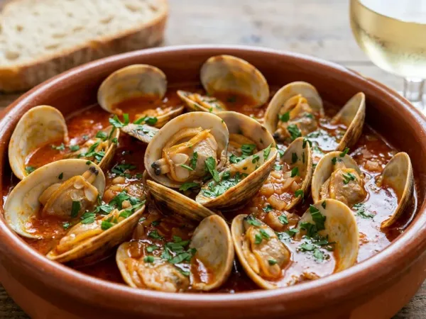 Cazuela de almejas a la marinera abiertas en salsa roja con perejil