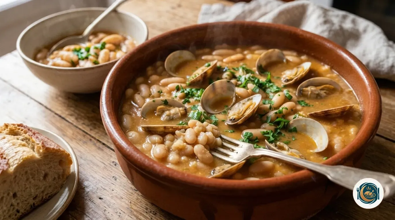 Tenedor aplastando alubias blancas en un plato con caldo