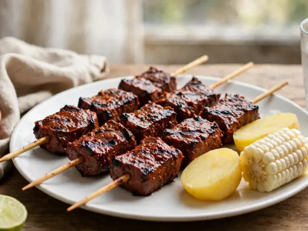 Tres palitos de anticuchos de corazón a la parrilla en un plato blanco con patata cocida y un trozo de choclo, junto a dos cuencos de salsa amarilla y verde y media lima