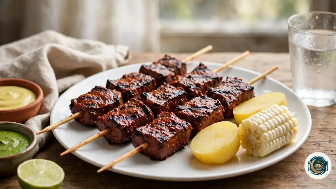 Tres palitos de anticuchos de corazón a la parrilla en un plato blanco con patata cocida y un trozo de choclo, junto a dos cuencos de salsa amarilla y verde y media lima