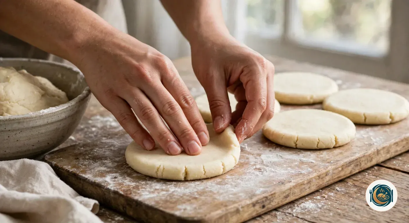 Manos dando forma a discos de masa de arepa sobre una tabla de madera