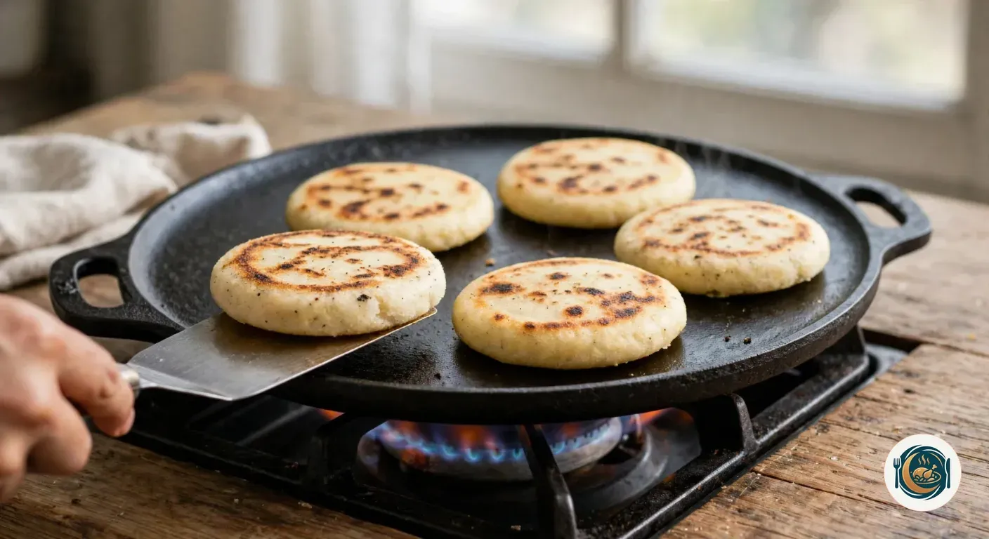 Espátula dando la vuelta a arepas doradas en una plancha de hierro al fuego