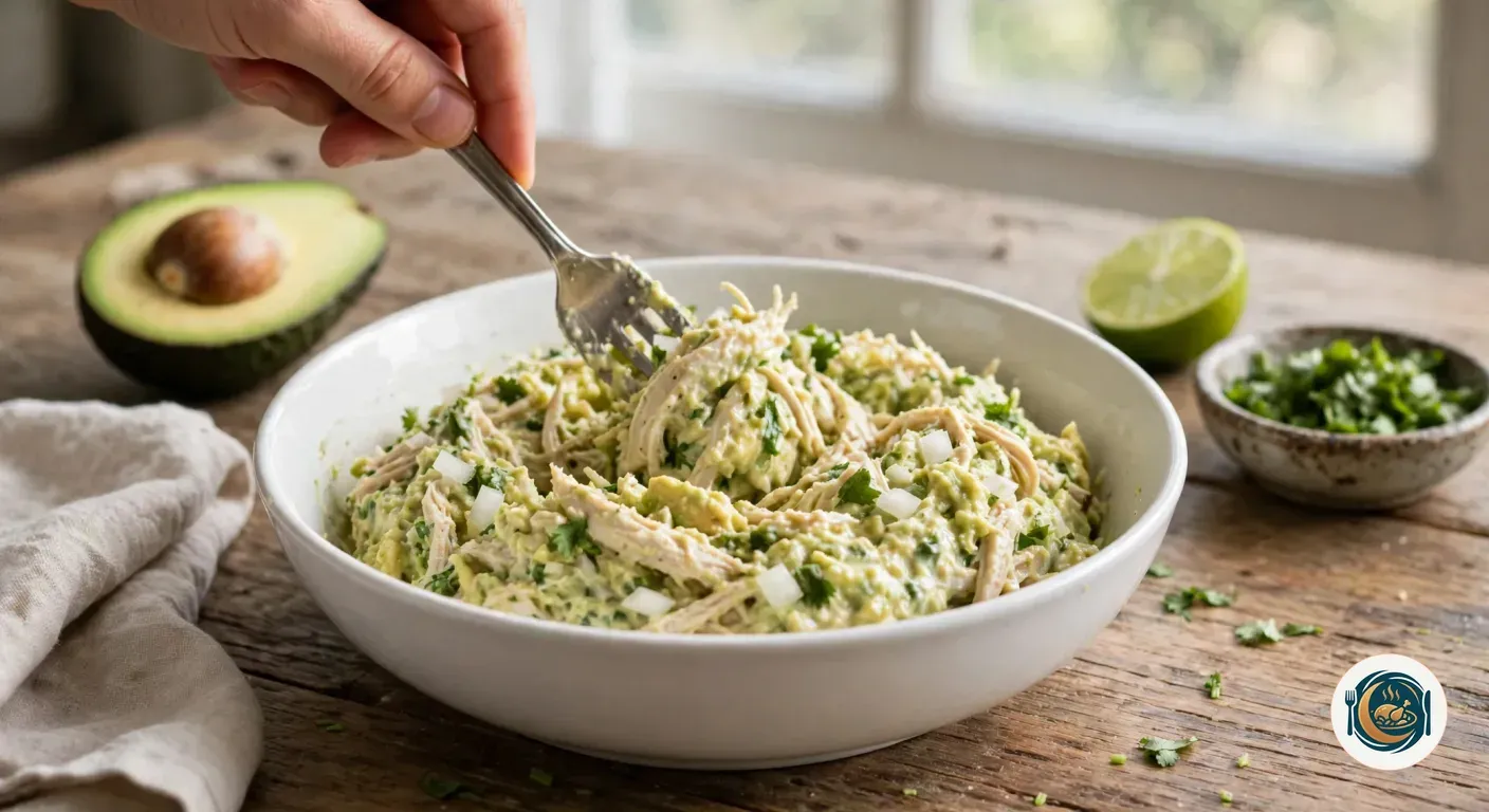 Tenedor mezclando pollo desmenuzado con aguacate en un bol blanco