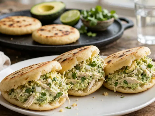 Arepas venezolanas abiertas y rellenas de pollo con aguacate