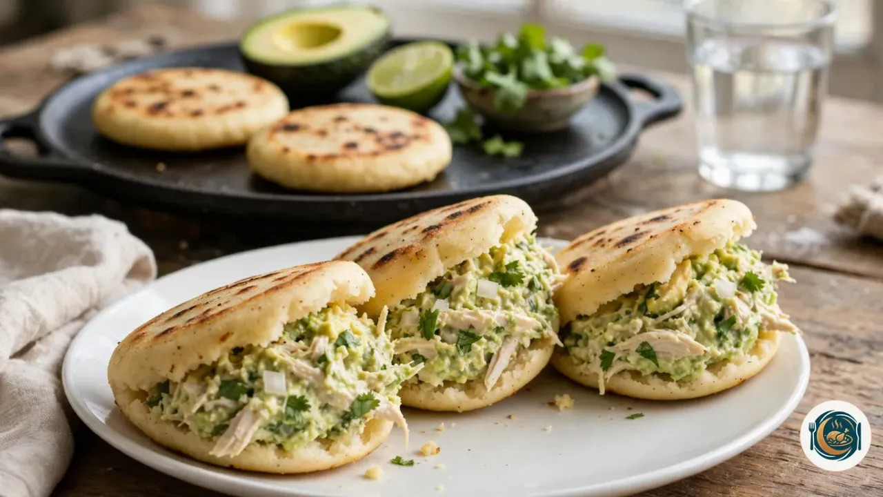 Arepas venezolanas abiertas y rellenas de pollo con aguacate