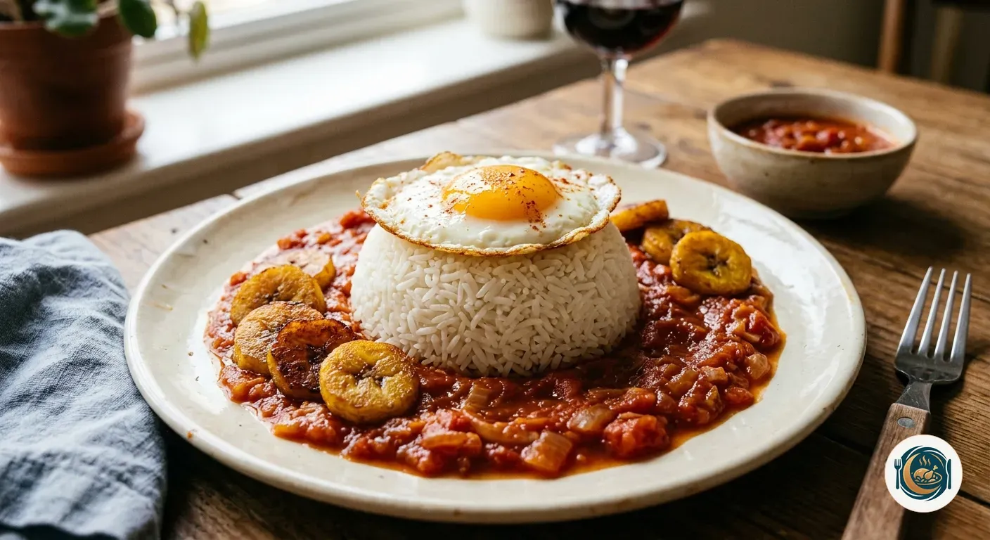 Arroz a la cubana desmoldado con la salsa de tomate alrededor