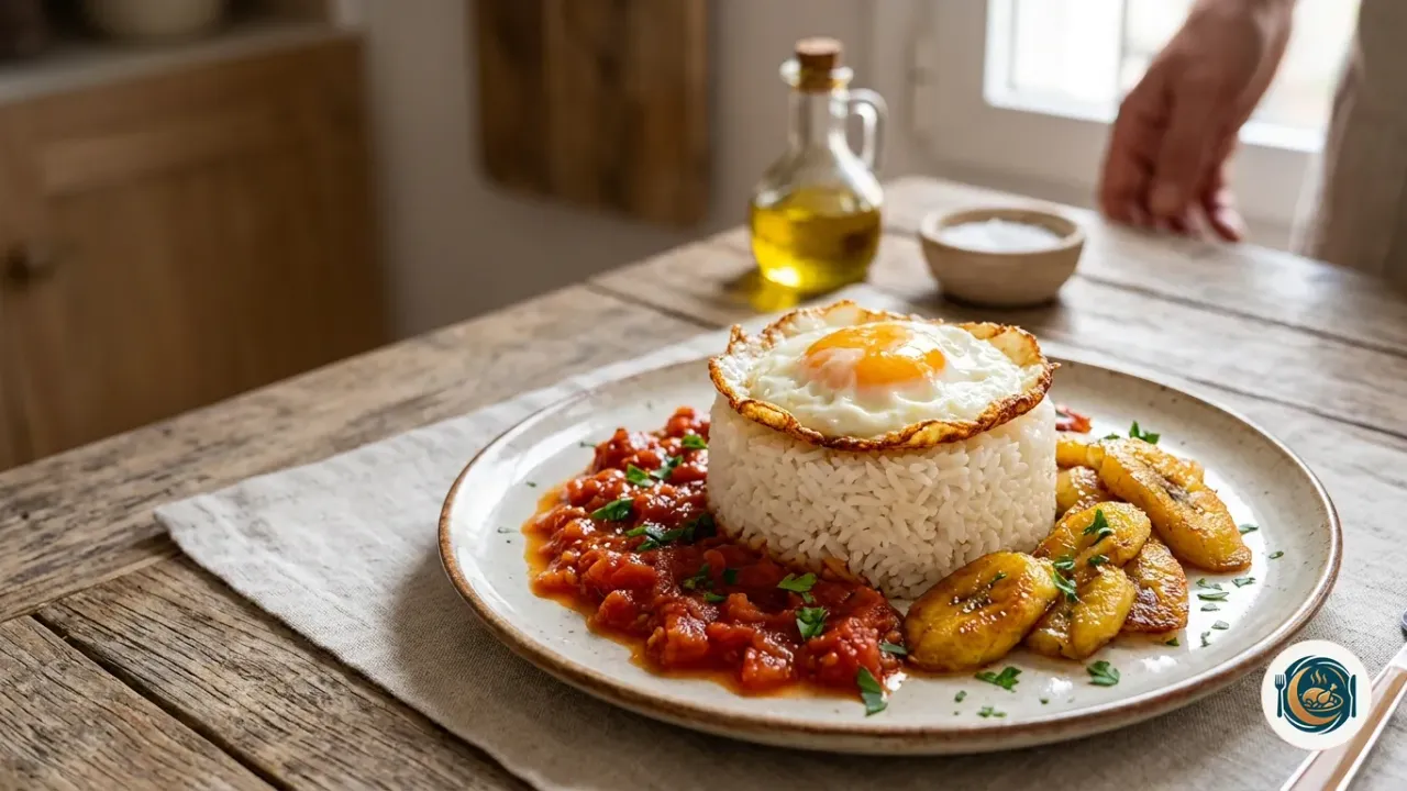 Plato de arroz a la cubana con huevo frito, salsa de tomate y plátano frito