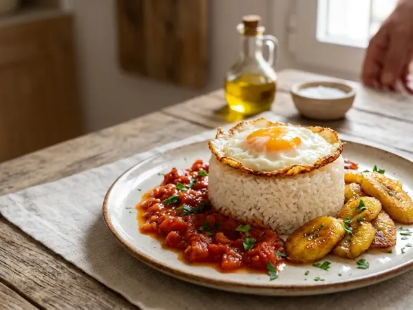 Plato de arroz a la cubana con huevo frito, salsa de tomate y plátano frito