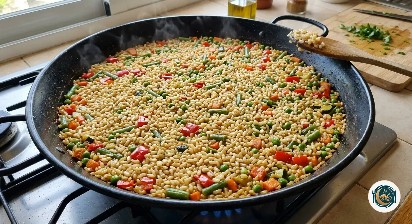 Arroz con verduras en capa fina dentro de la sartén