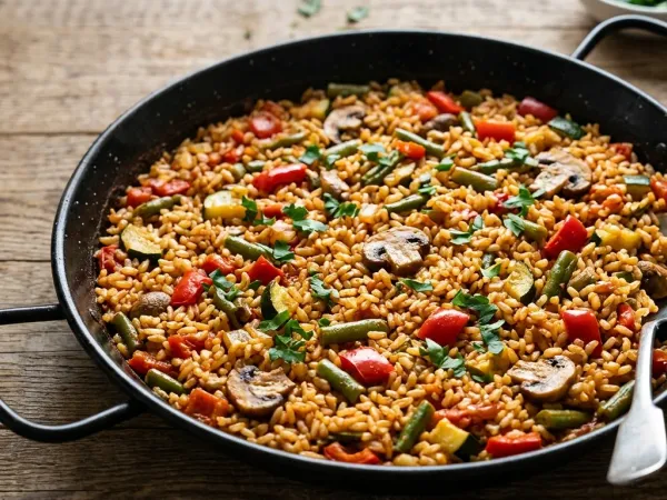 Sartén de arroz con verduras con pimiento rojo, calabacín y champiñones