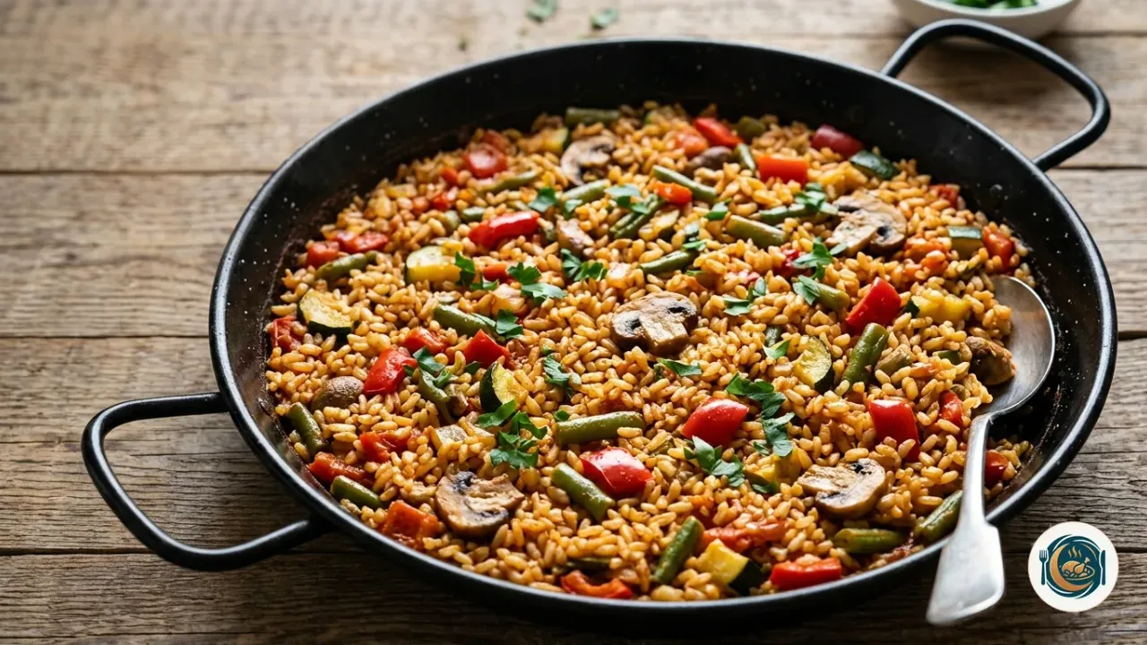 Sartén de arroz con verduras con pimiento rojo, calabacín y champiñones