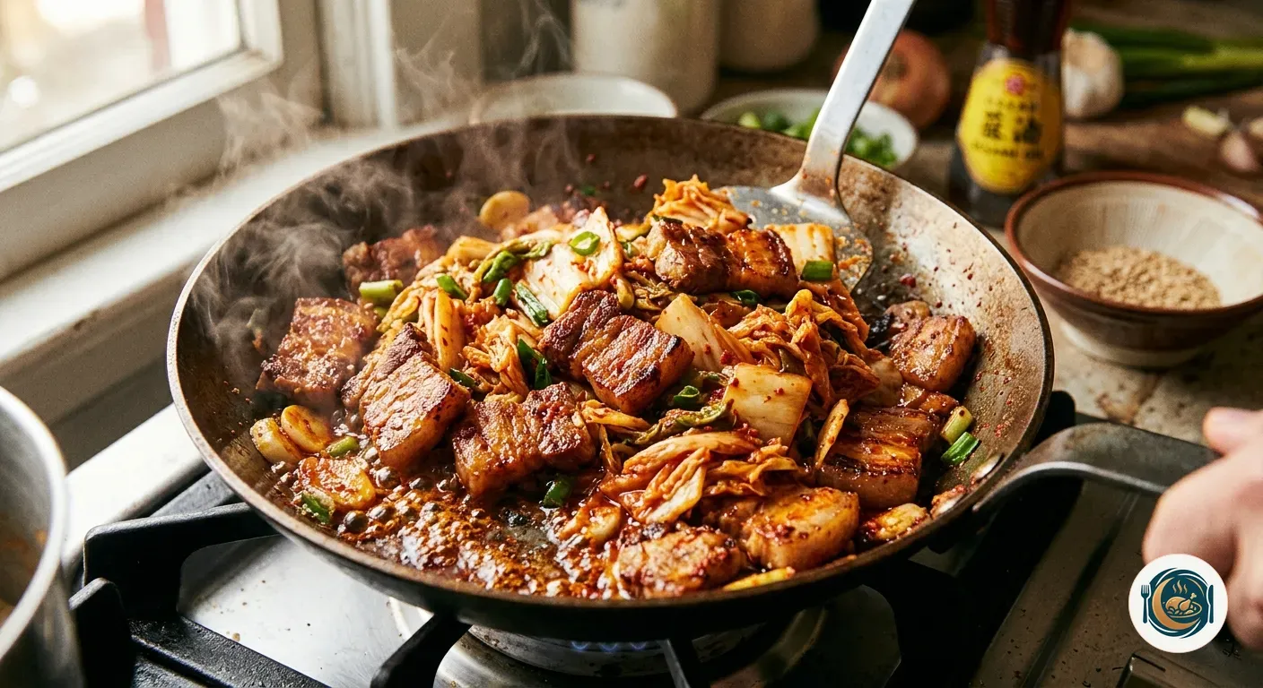 Kimchi y panceta salteados en una sartén de hierro