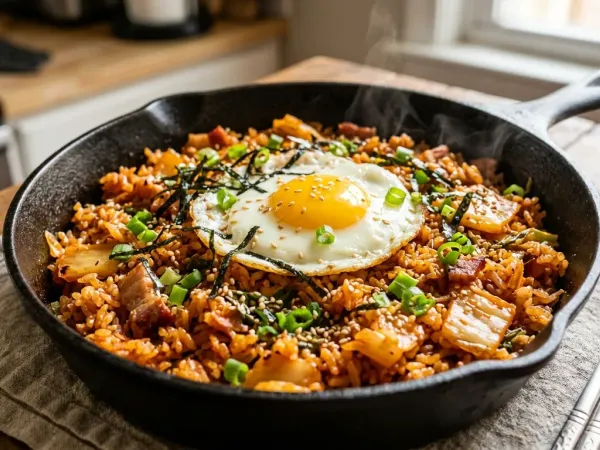 Sartén de arroz frito con kimchi coronado con huevo frito y cebolleta