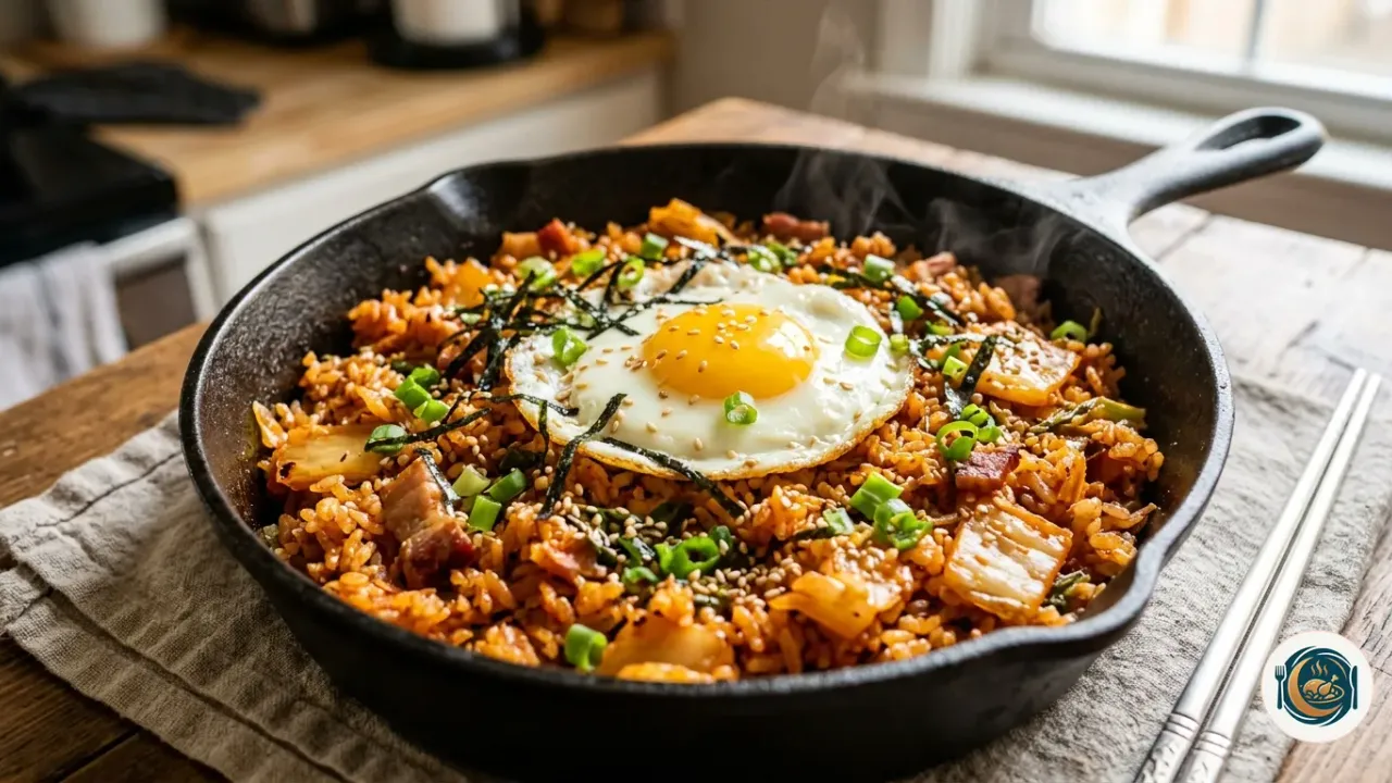 Sartén de arroz frito con kimchi coronado con huevo frito y cebolleta