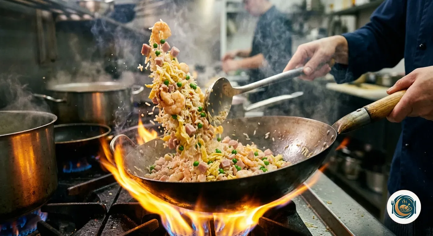 Arroz tres delicias salteándose en el wok a fuego fuerte