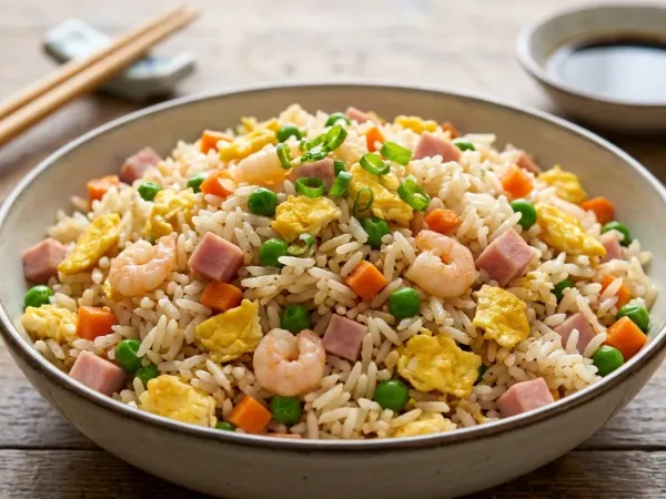 Arroz tres delicias con huevo, jamón cocido, gambas y guisantes servido en un bol