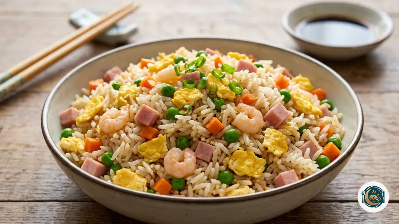 Arroz tres delicias con huevo, jamón cocido, gambas y guisantes servido en un bol