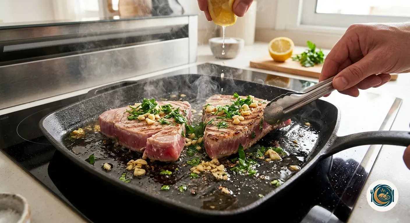 Atún a la plancha marcado en una plancha caliente con ajo, perejil y limón