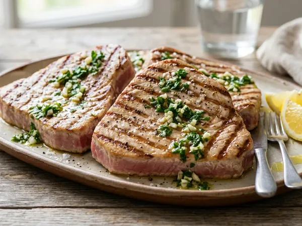 Filete de atún a la plancha marcado con un aliño de ajo y perejil