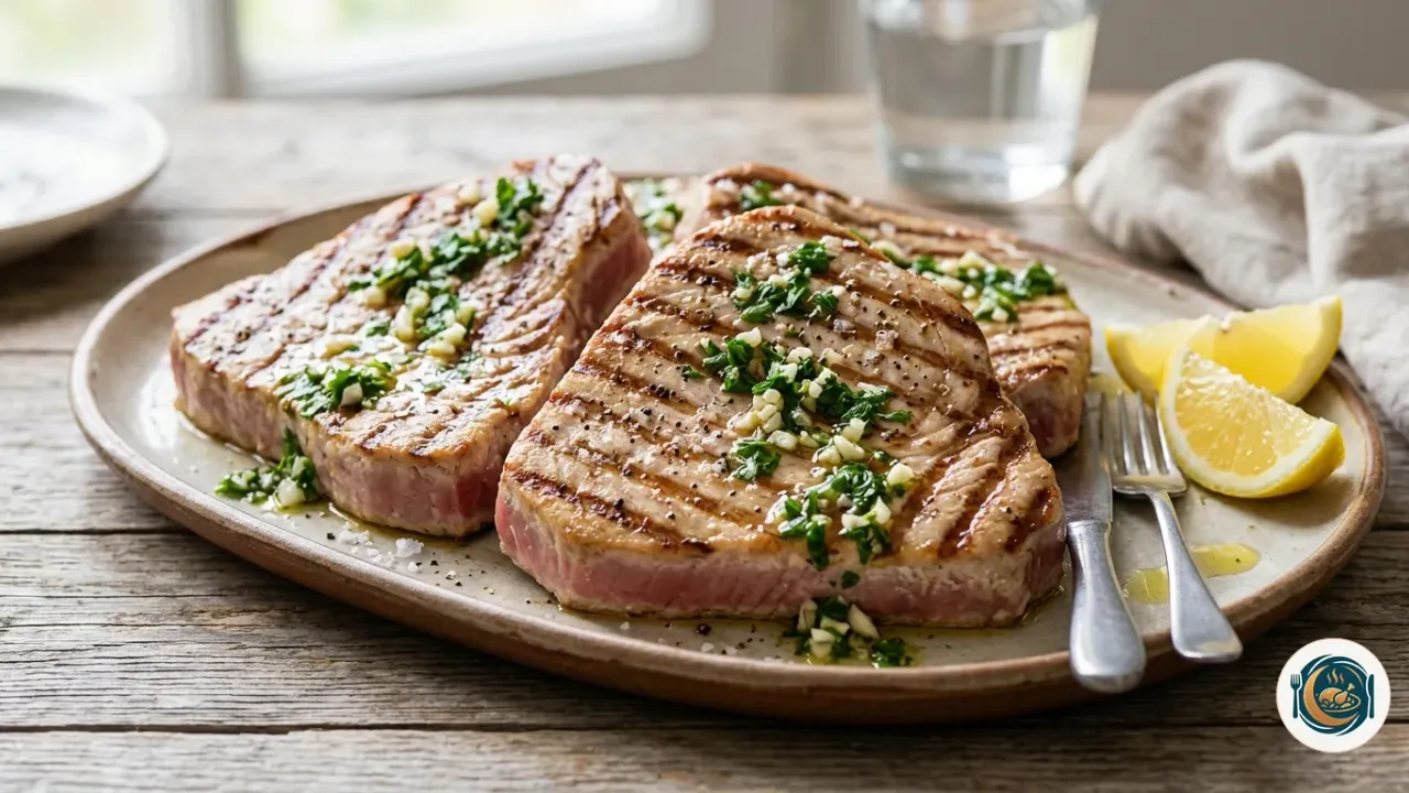 Filete de atún a la plancha marcado con un aliño de ajo y perejil