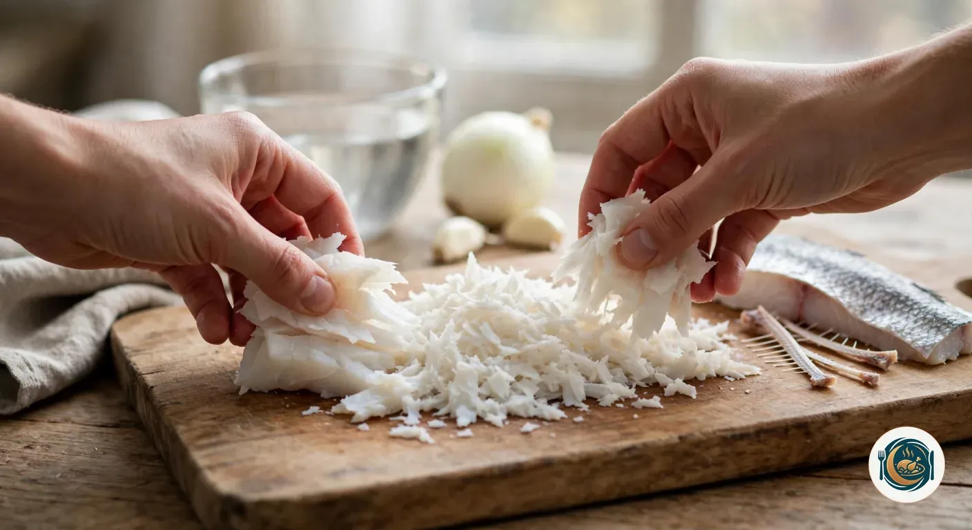 Manos desmigando bacalao desalado sobre una tabla de madera