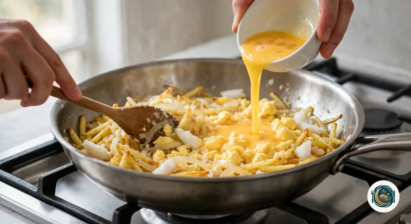 Huevo batido vertido en la sartén con bacalao, cebolla y patatas paja