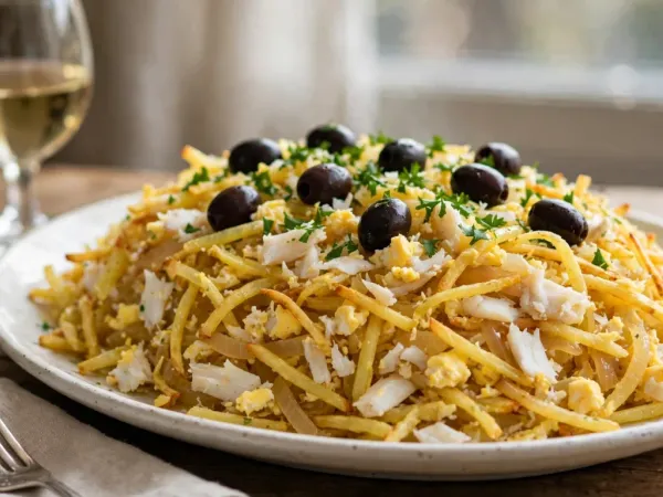 Bacalao a la Brás con patatas paja, huevo cremoso, aceitunas negras y perejil