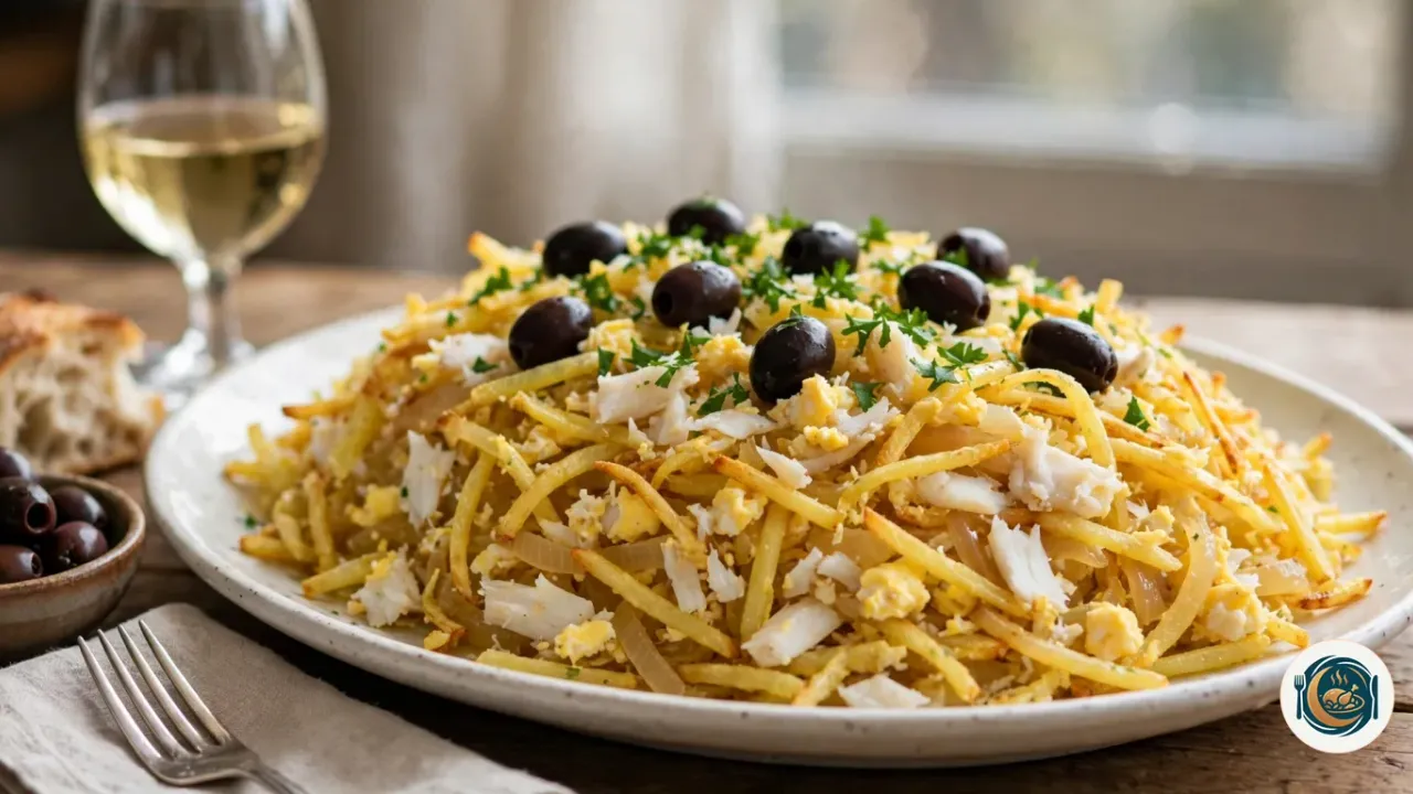 Bacalao a la Brás con patatas paja, huevo cremoso, aceitunas negras y perejil