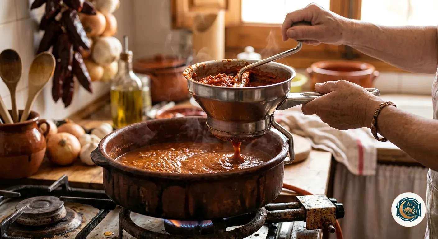 Salsa vizcaína de pimientos choriceros pasándose por el pasapurés en cazuela