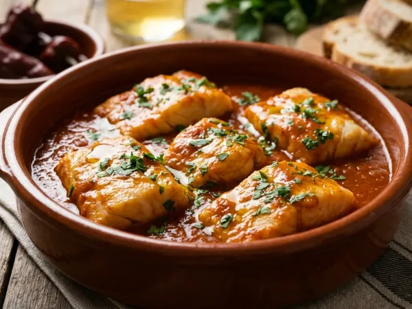 Bacalao a la vizcaína en cazuela de barro con salsa roja de pimientos choriceros