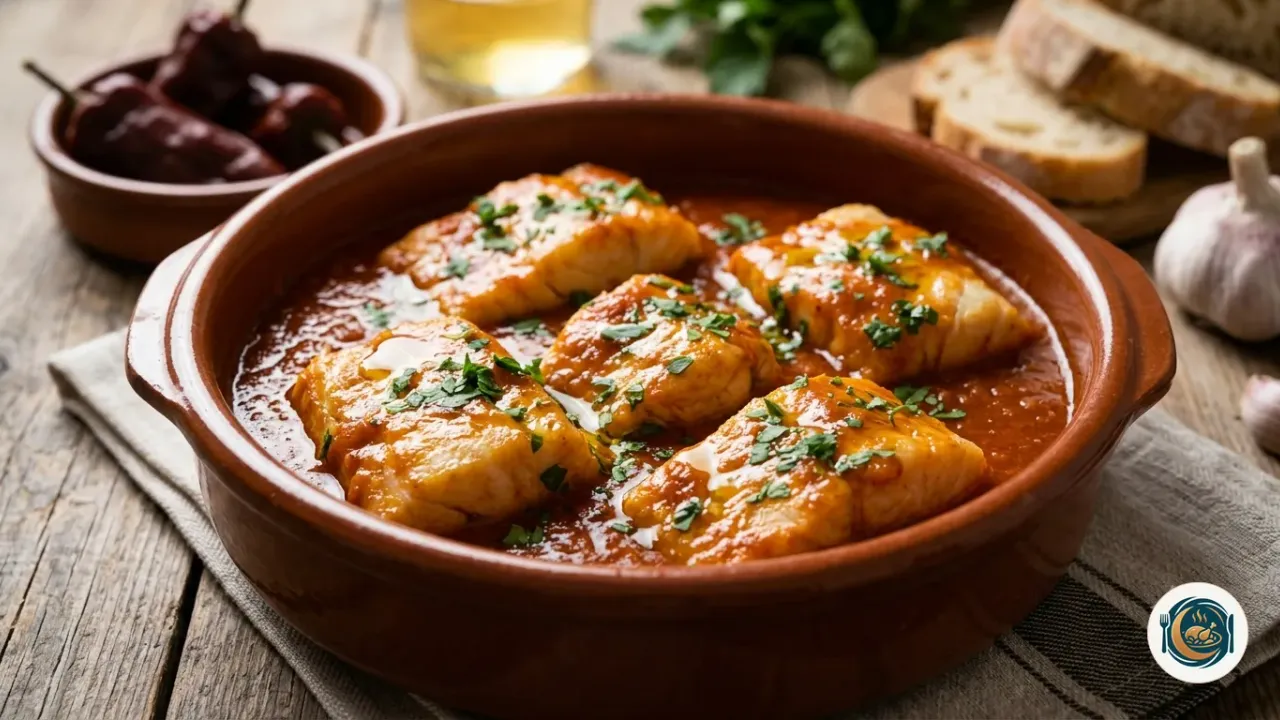 Bacalao a la vizcaína en cazuela de barro con salsa roja de pimientos choriceros